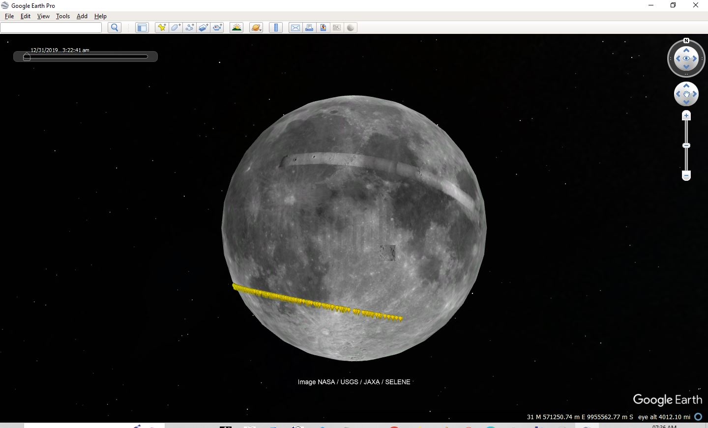 A screenshot of Google Earth Pro showing 2024 YR4's asteroid impact risk corridor showing the potential impact zones on the Moon for 2032-Dec-22.